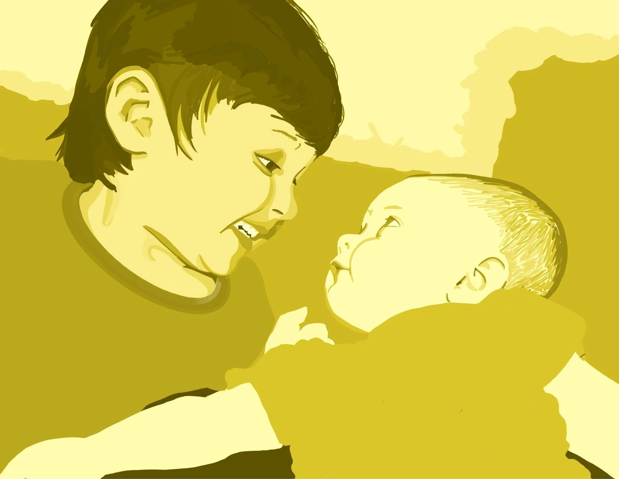 A woman and a young boy looking at each other with smiles on their faces, suggesting a joyful and loving moment.