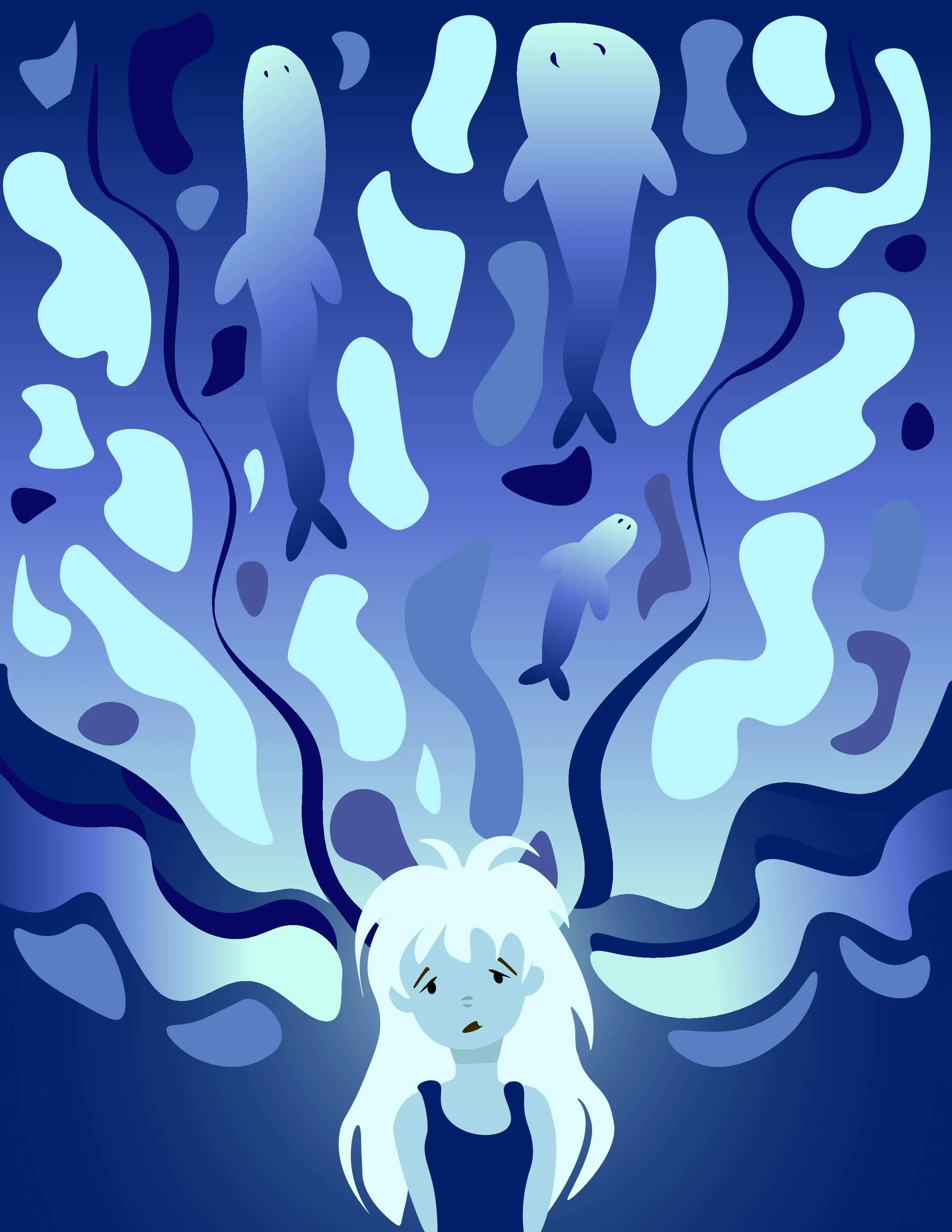 Illustration of a girl with long white hair and a blue top, with her hair transforming into fish swimming in a blue background.