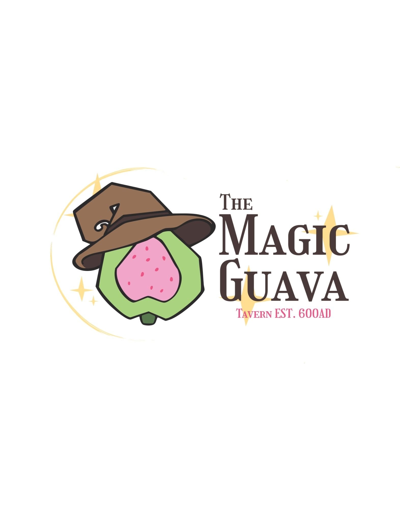 Illustration of a guava fruit wearing a wizard hat, with the text 'The Magic Guava' and 'Tavern Est. 600AD', surrounded by sparkles.