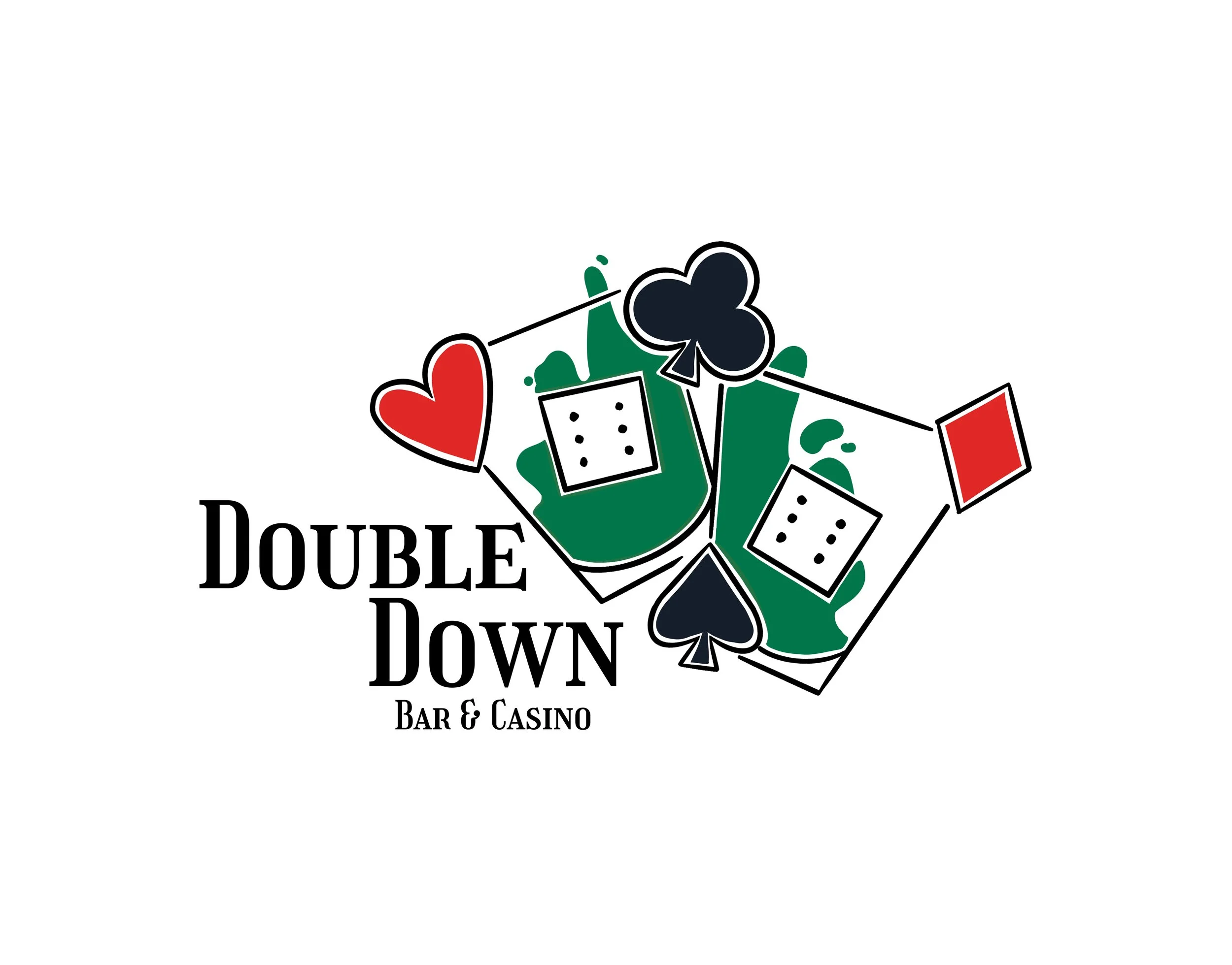 Logo for Double Down Bar and Casino featuring two cocktail glasses with dice, a red heart, and a black spade, all connected with a string of cards.