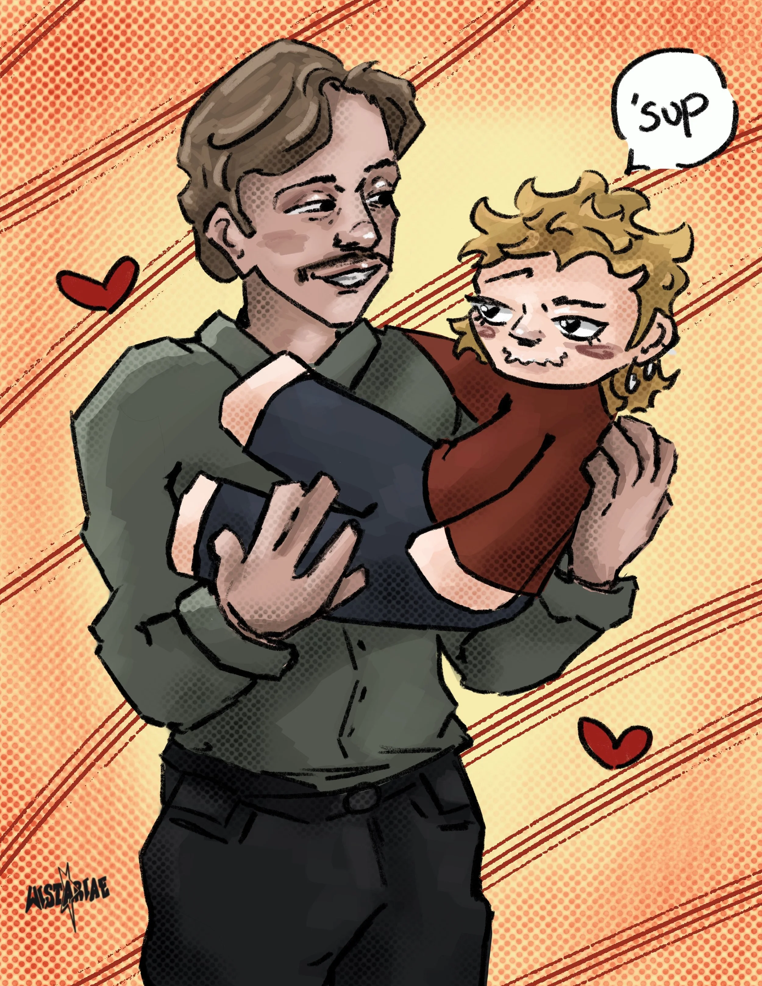 A man with brown hair smiling as he holds a young girl with curly hair and a mischievous expression. The girl is saying 'sup' in a speech bubble. The background is orange with diagonal lines and small hearts.