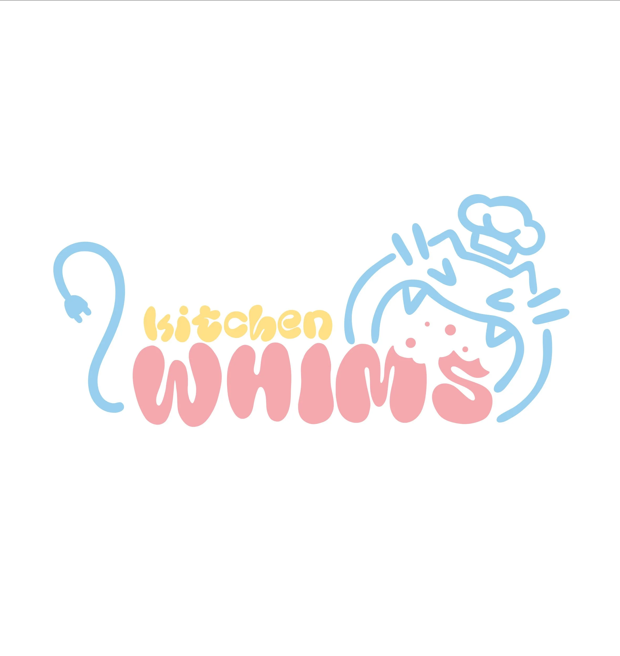 Logo for kitchen Whims with playful pastel pink, yellow, and blue text and a cartoon chef girl's face with a smiling expression, wearing a chef hat.