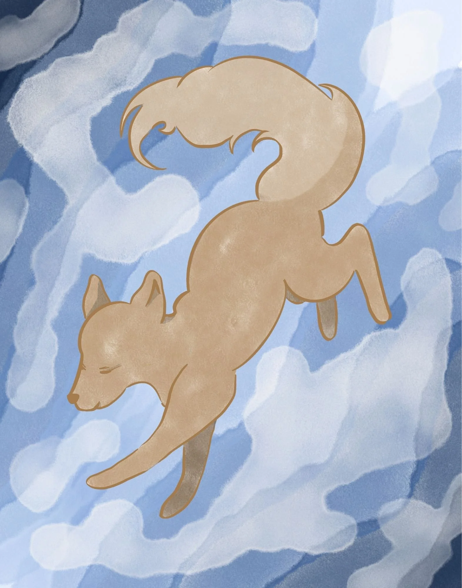 A cartoon cat with closed eyes and a peaceful expression, floating among blue and white clouds.
