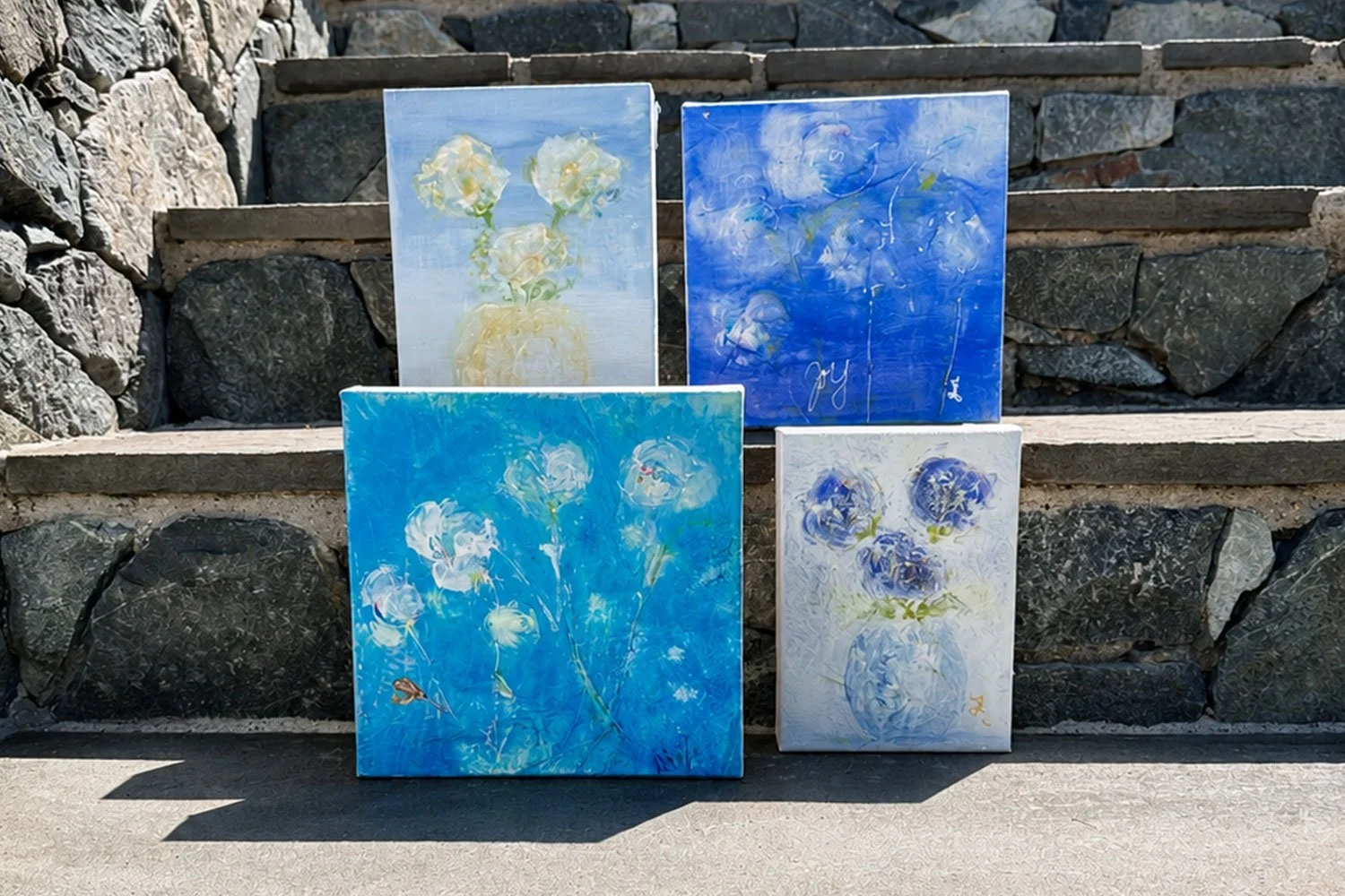 Florals, Blues — Mixed media acrylic on cradleboard and canvas, various sizes