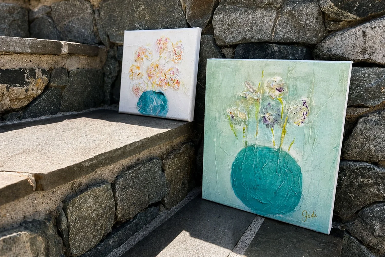 Florals, White and Turquoise — Mixed media acrylic on canvas, various sizes