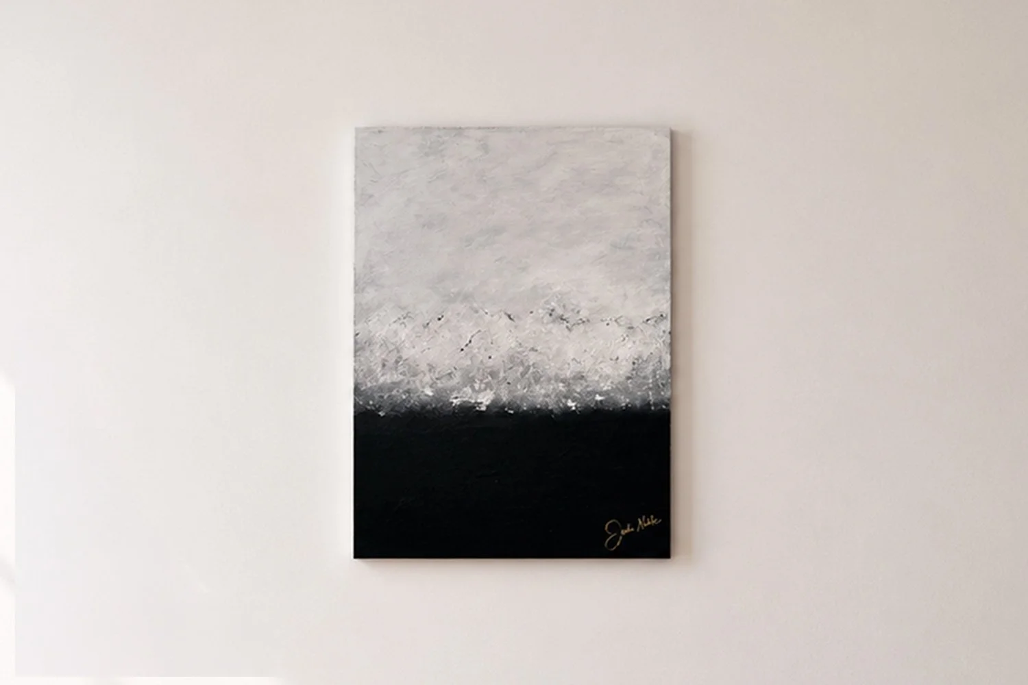 Black and White Surprise — Mixed media acrylic on repurposed board, 22 in x 30 in