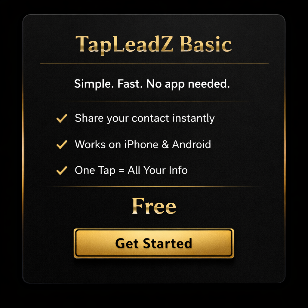 Advertisement for TapLeadZ Basic, a contact sharing app, displaying features like instant sharing, compatibility with iPhone and Android, and one-tap sharing, with a gold 'Get Started' button.