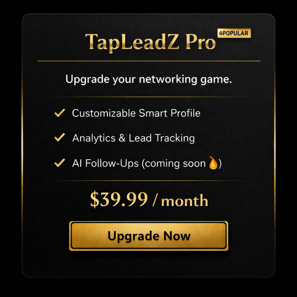 An advertisement for TapLeadZ Pro subscription service, highlighting features like customizable smart profile, analytics, lead tracking, and upcoming AI follow-ups, priced at $39.99 per month with an 'Upgrade Now' button.