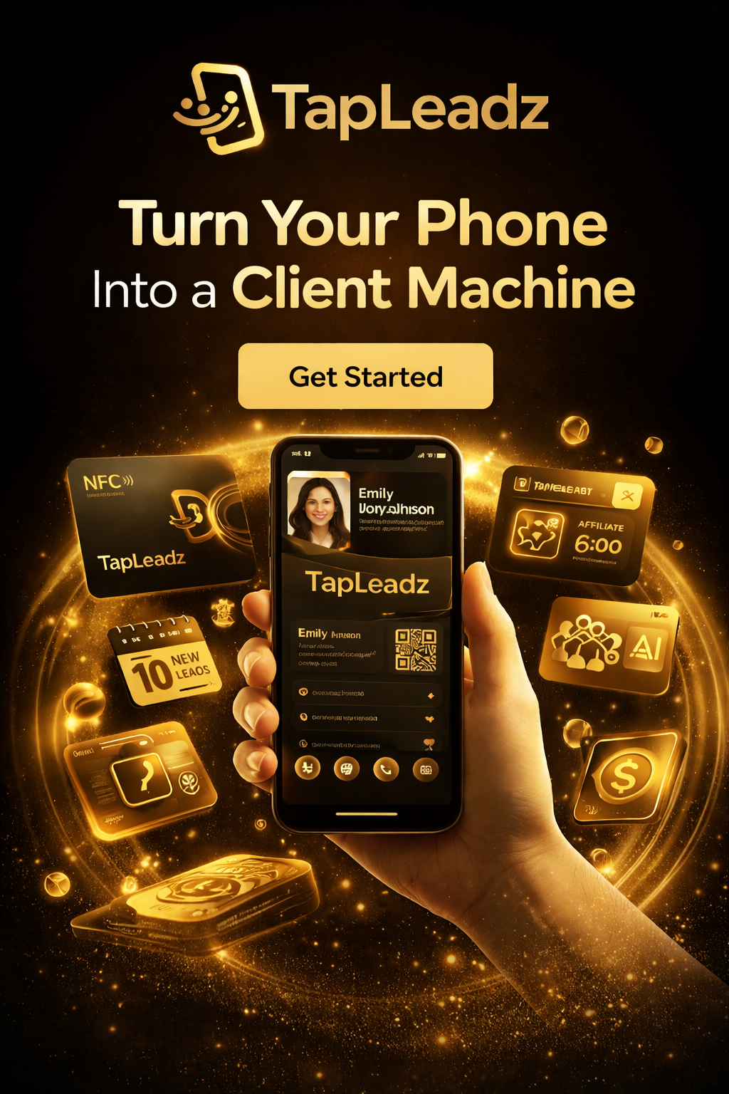 Promotional digital graphic for TapLeadz showing a person holding a smartphone displaying a profile, surrounded by floating app icons, badges, and digital elements in gold on a black background, encouraging users to turn their phones into client machines.