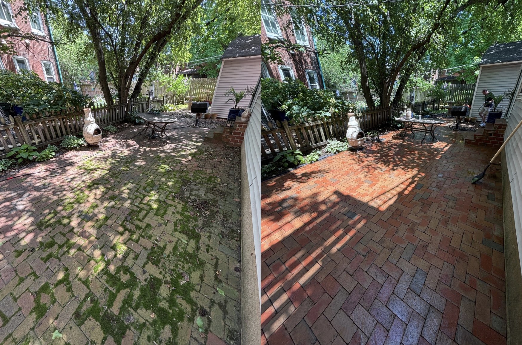 Comparison of a backyard patio before and after cleaning and restoration, with the left side showing a moss-covered brick surface and the right side showing a clean, newly restored brick floor.