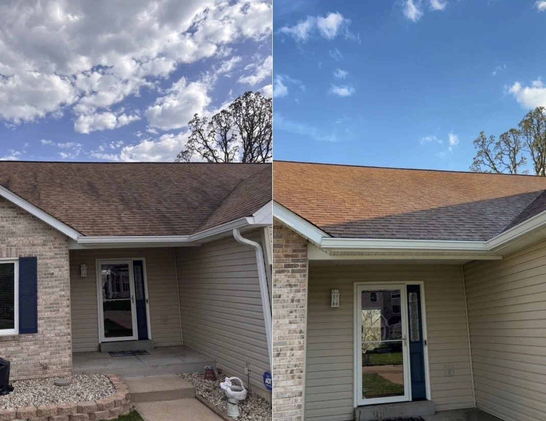 Side-by-side comparison of house siding and roof, showing before and after updates, with a small porch and a cloudy sky.