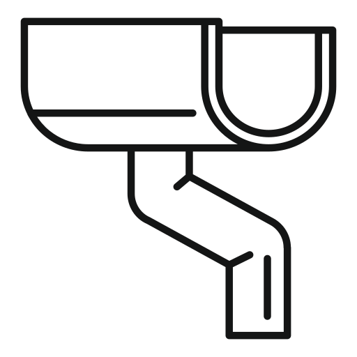 A section of gutter with a downspout coming out from the bottom.