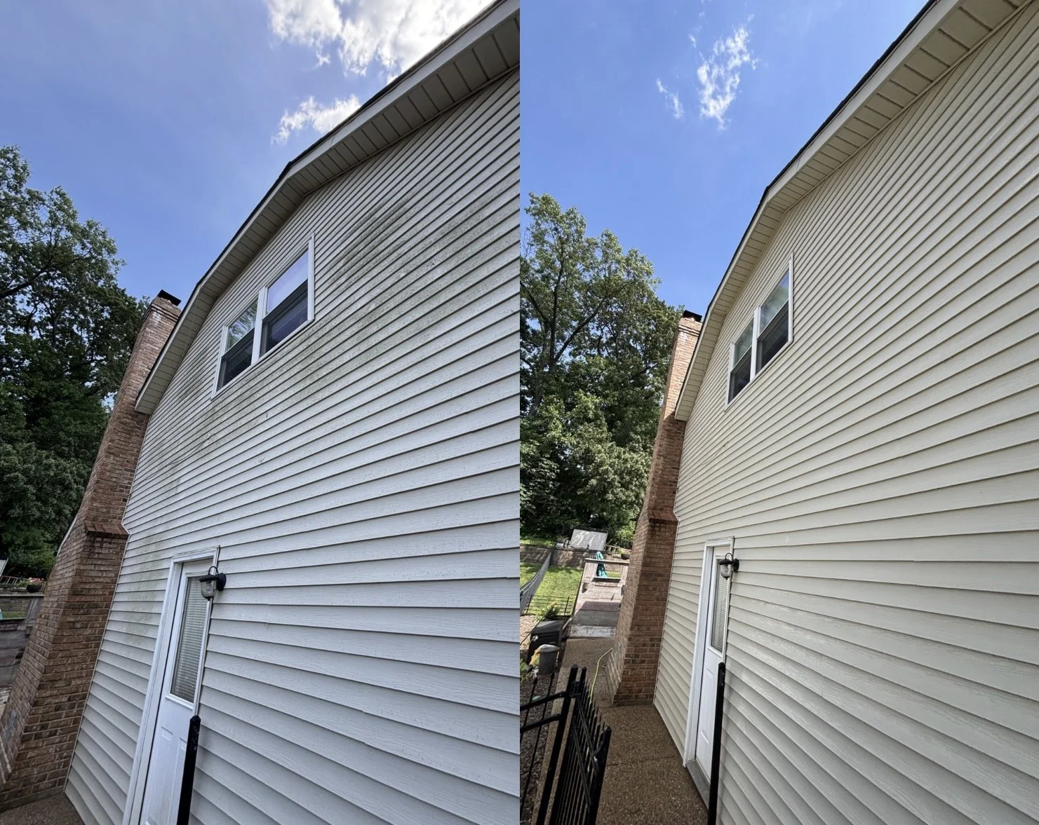 Side-by-side comparison of house siding before and after cleaning. The left shows dirty, stained siding, and the right shows clean, bright siding.