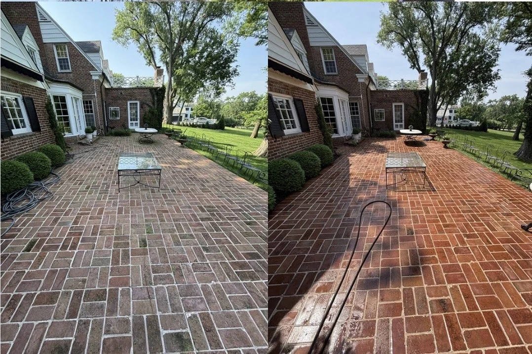 Side-by-side comparison of a brick patio before and after cleaning. The left side shows a dull, dirt-covered surface with some weeds between the bricks, while the right side shows a clean, bright, freshly washed brick patio.