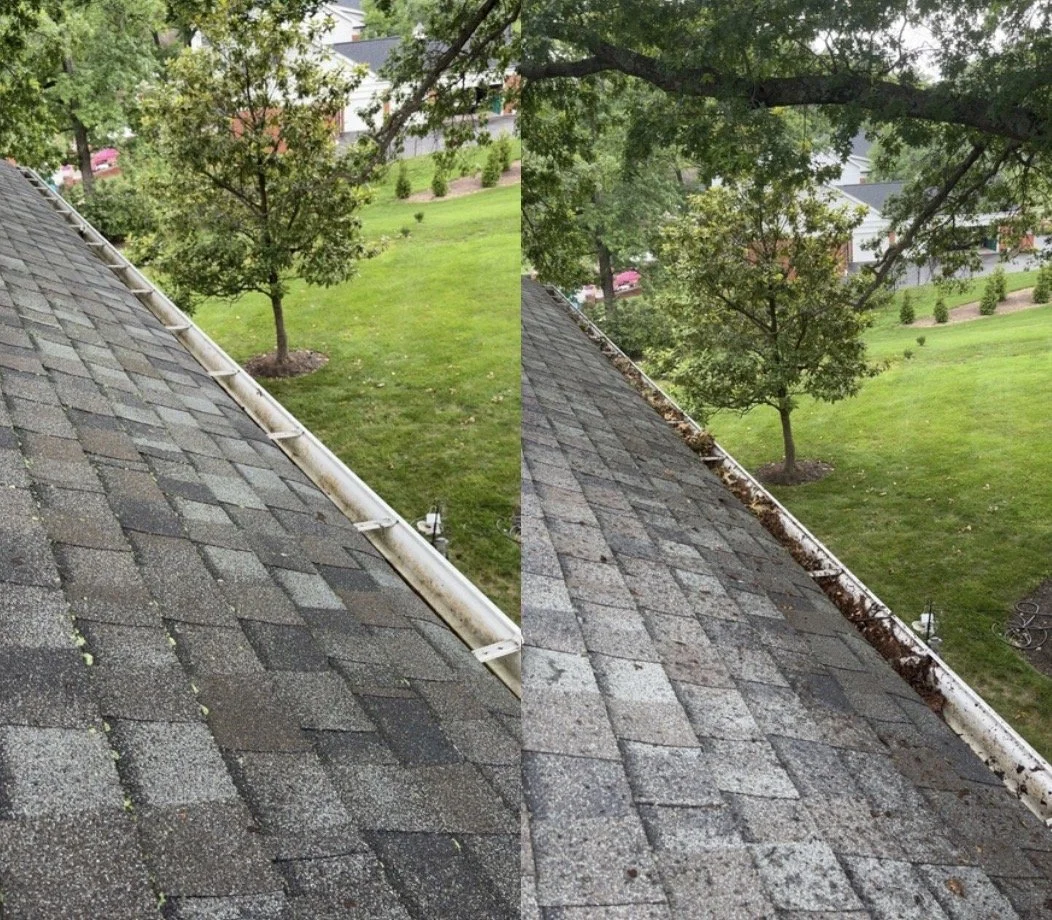 Comparison of a roof's gutter and shingles before and after cleaning, showing cleaner shingles and gutter on the right side.