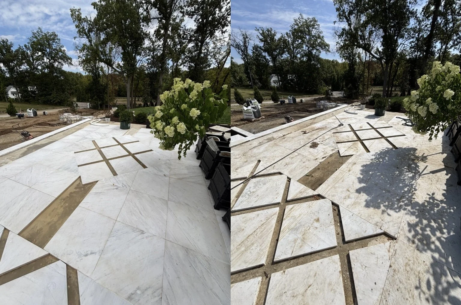 Side-by-side comparison of a backyard patio. The right side being dirty and covered in grime, and the left side being clean and spotless.