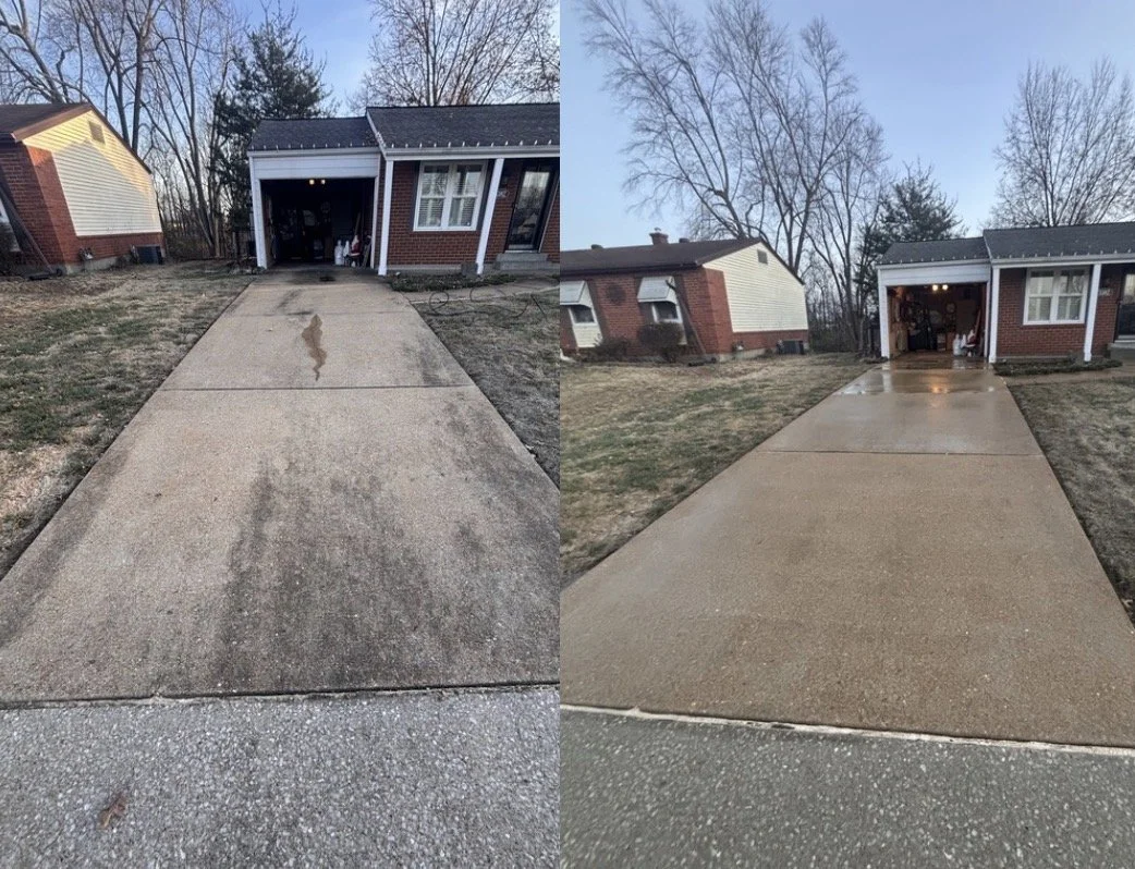Comparison of a concrete driveway before and after cleaning, showing dirt and stains on the left and a clean surface on the right.