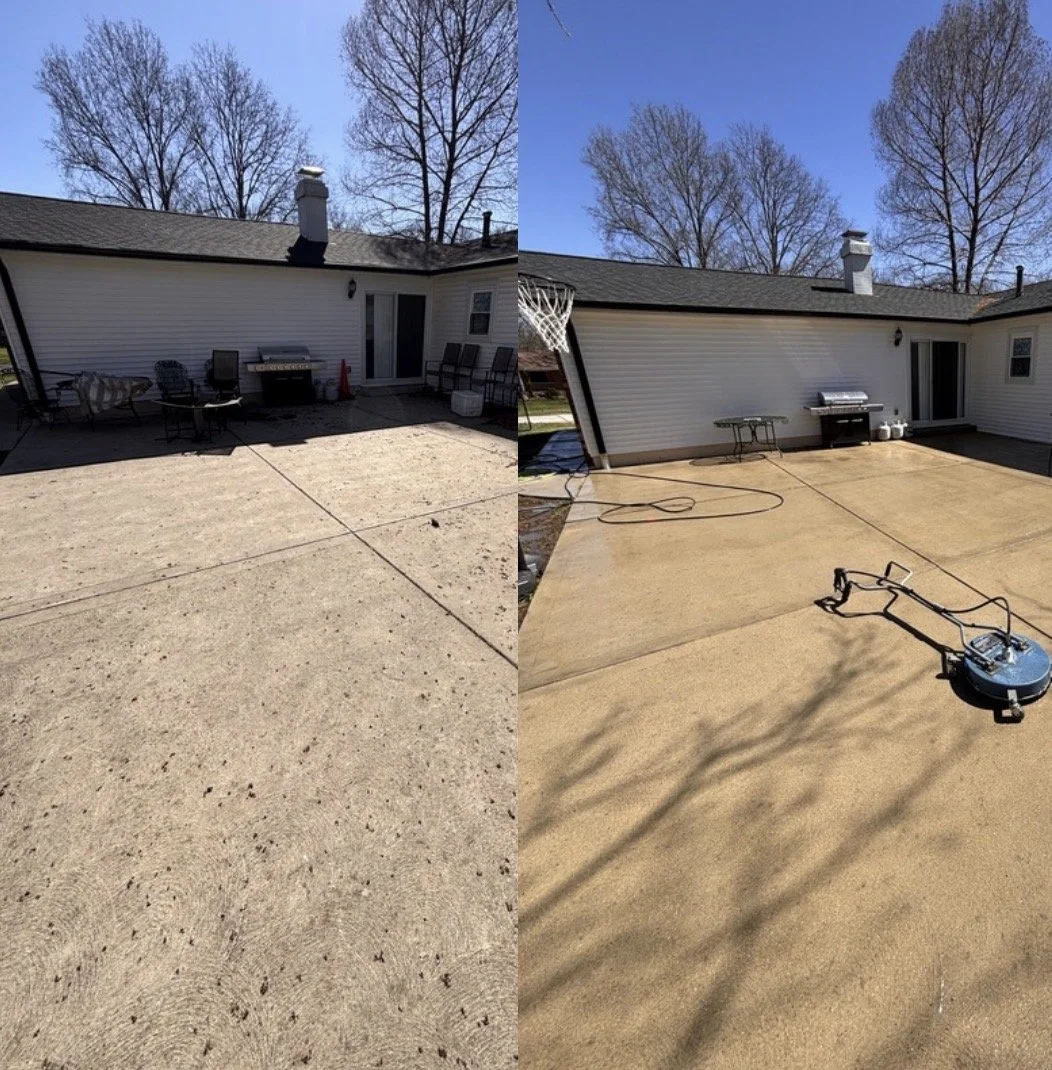 Side-by-side comparison of a concrete patio before and after cleaning.