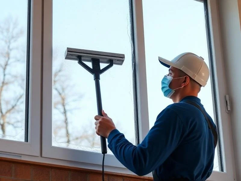 A worker in a blue shirt, white cap, and face mask cleaning a large window with a squeegee.