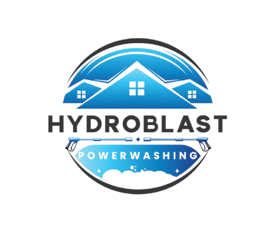 Logo for Hydrobast Power Washing featuring a blue circle with a house silhouette, the company name, and a pressure washer nozzle.