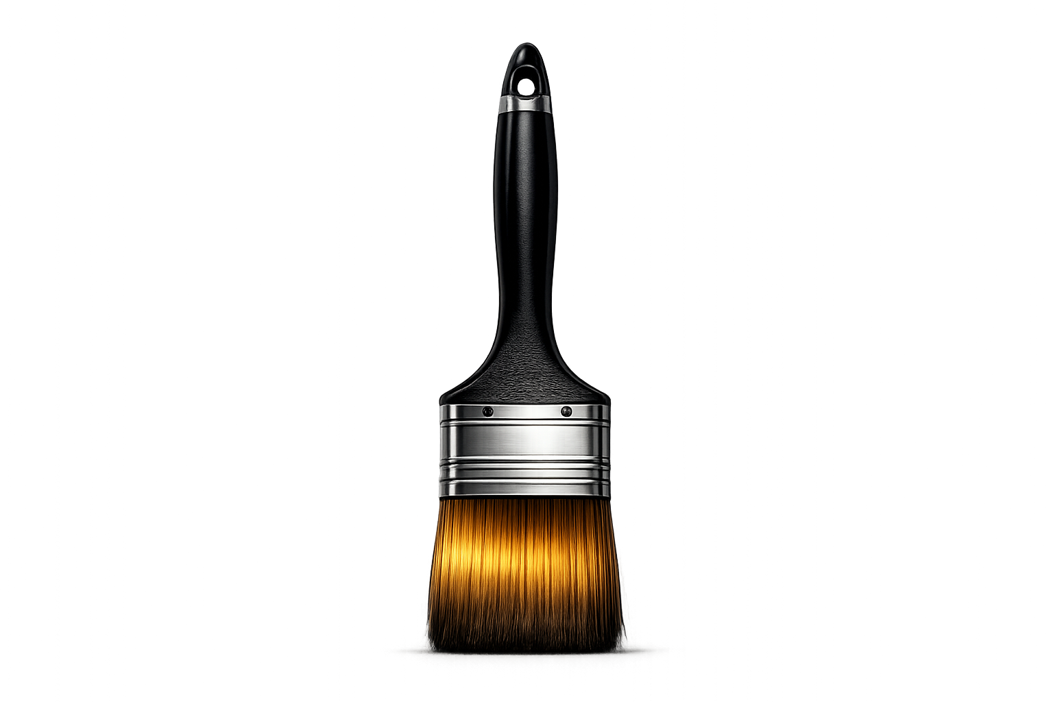 A paintbrush with a black handle and gold bristles standing upright on a flat surface, with a colorful, abstract light display in the background.