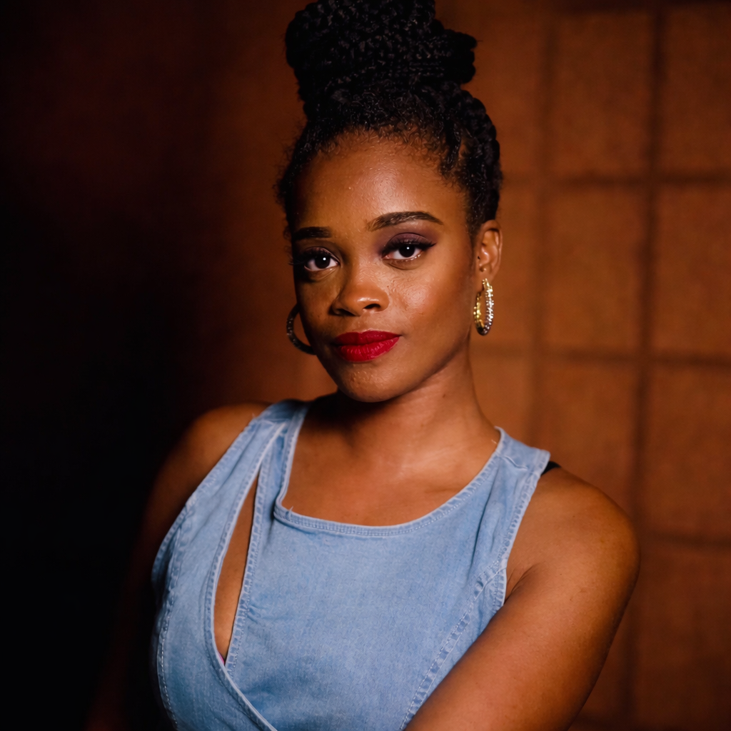 A woman with dark skin and braided hair styled in a high bun, wearing hoop earrings, red lipstick, and a sleeveless light blue denim top with a keyhole cutout, standing in front of a brown brick wall.