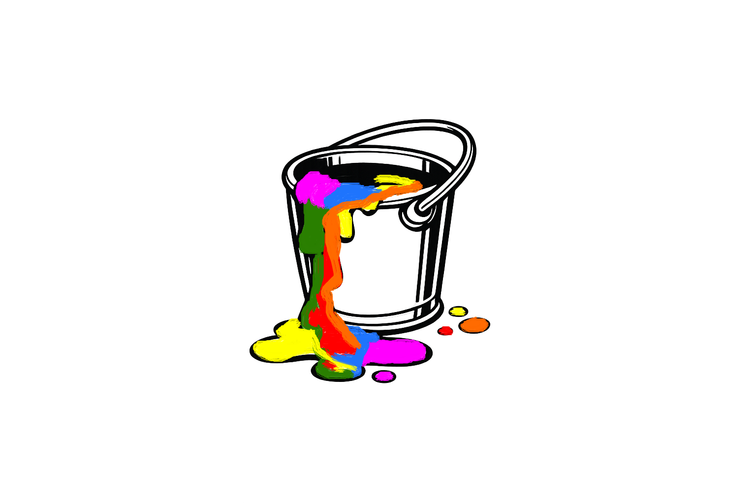 A black and white outlined digital illustration of a bucket filled with colorful paint, with rainbow-colored paint spilling over and pooling on the ground, against a background with glitchy, vibrant pink and purple hues.