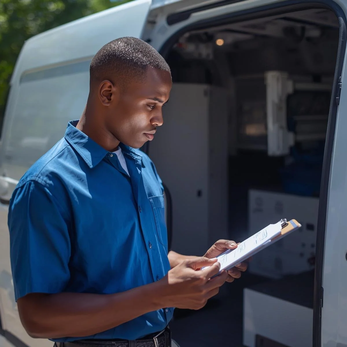 Professional courier checking delivery information on a clipboard beside a van for secure, time-sensitive delivery service.