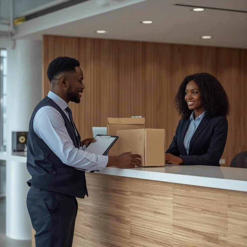 A courier picking up packages from a receptionist at a business front desk for delivery service.