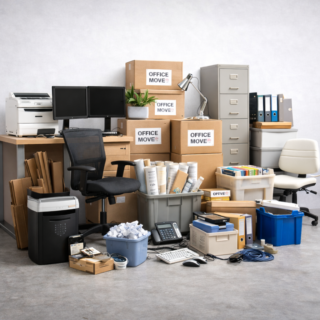 Office supplies and furniture packed into boxes, labeled 'Office Move', with desks, chairs, filing cabinets, binders, and office electronics in an office space.