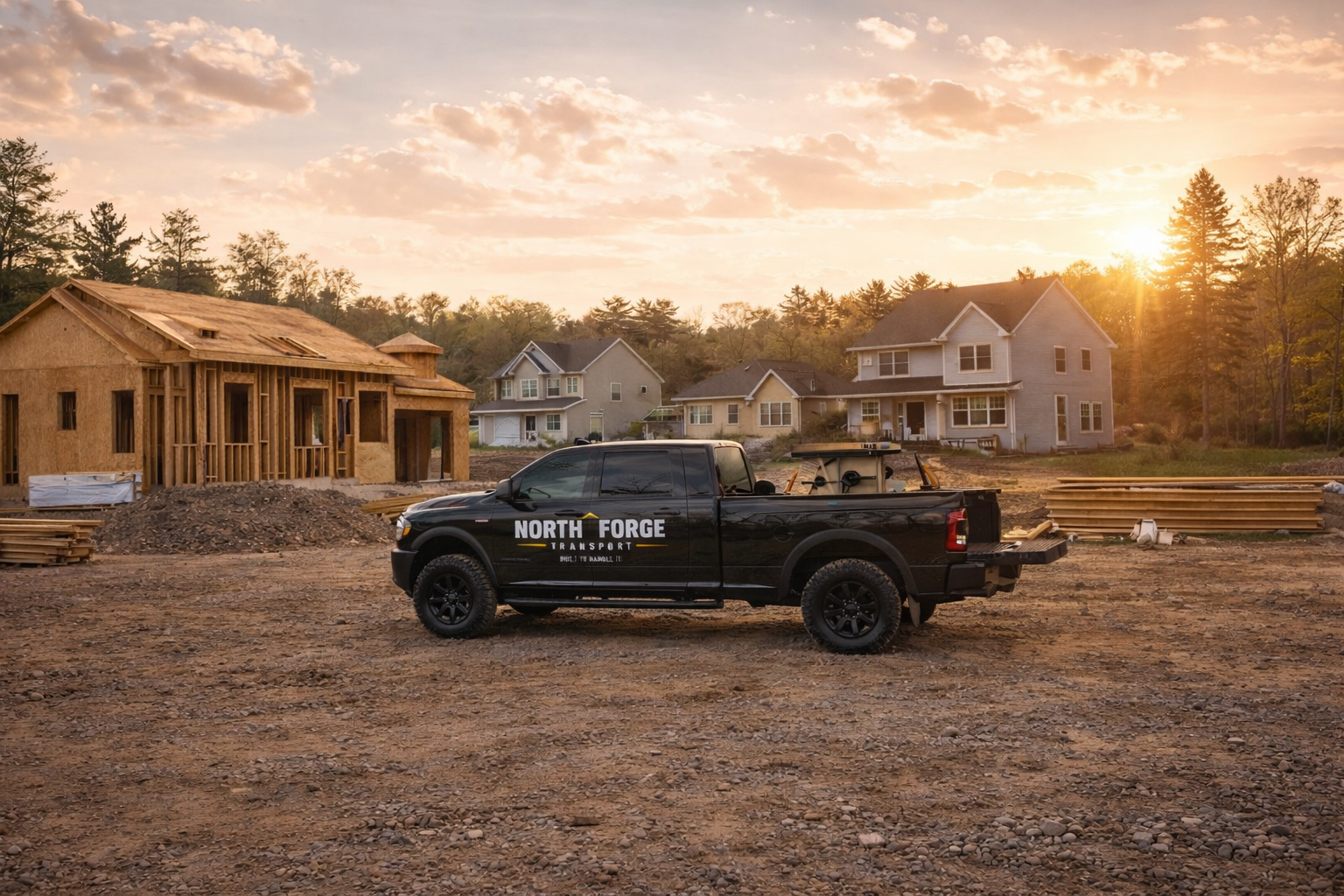 Construction site with a black North Forge Transport pickup truck in the foreground and houses under construction in the background during sunset.