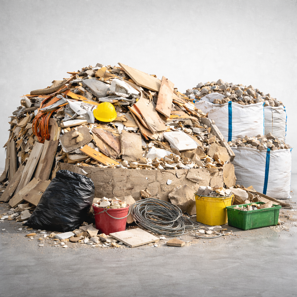 Pile of construction debris and recyclables, including cardboard, rocks, and plastic bags, with a yellow safety helmet and coiled electrical wire in the foreground.
