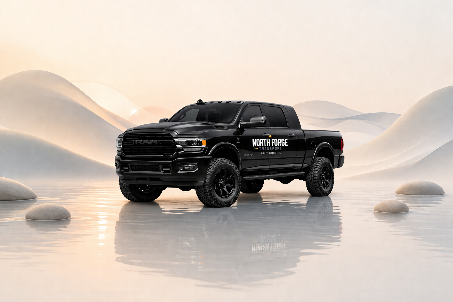 A black RAM pickup truck with 'North Forge Transport' logo is parked on a reflective wet surface, with smooth rocks and stylized mountains in the background.