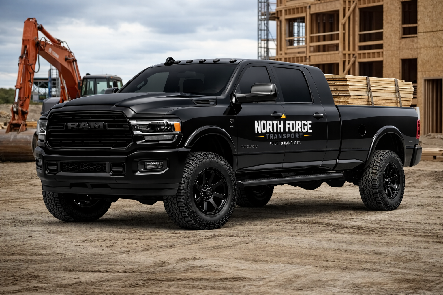 Black RAM pickup truck with 'North Forge Transport' logo parked on a construction site with construction equipment and a partially built wooden building in the background.