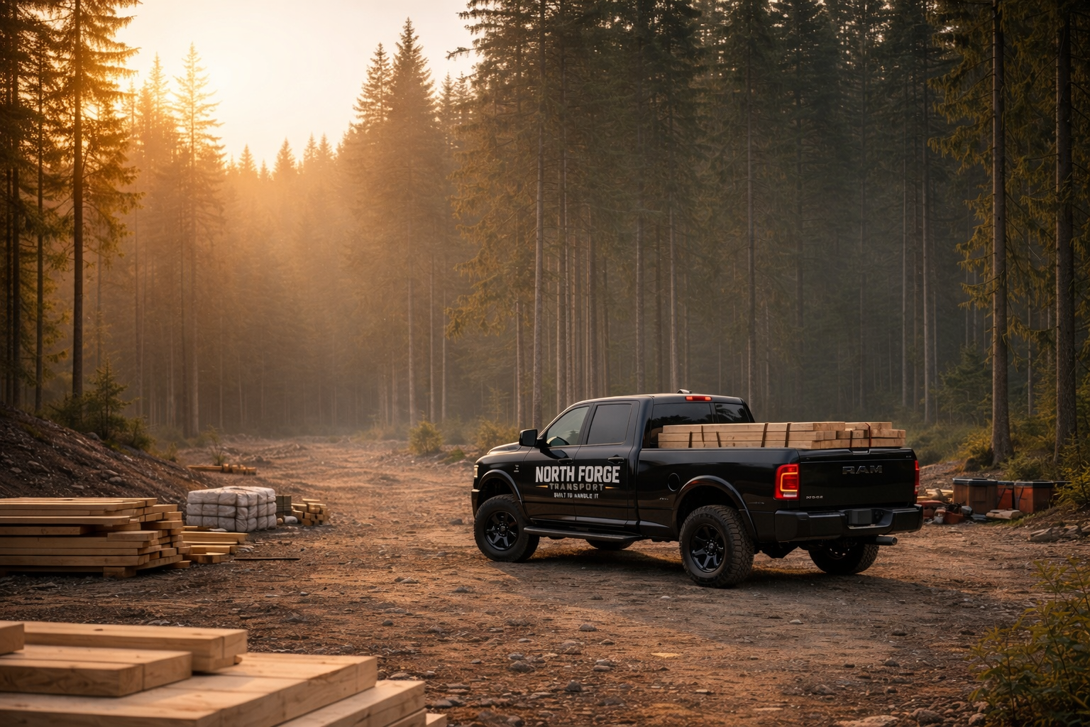 A black pickup truck labeled 'North Forge Transport' parked in a forest construction site with stacks of lumber and a dirt path, sunlight filtering through tall pine trees.