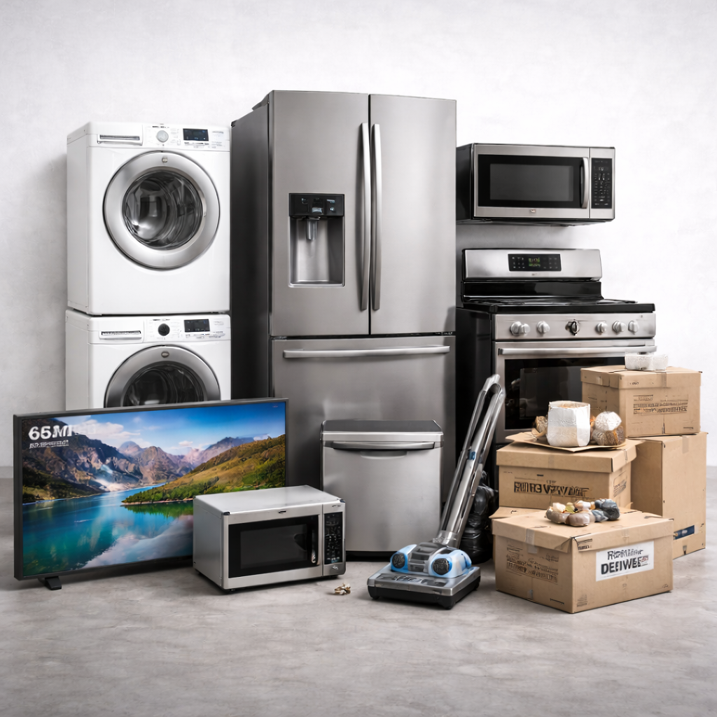 Stacked washer and dryer next to a refrigerator, microwave, stove, and boxes, with a television and a vacuum cleaner in front.
