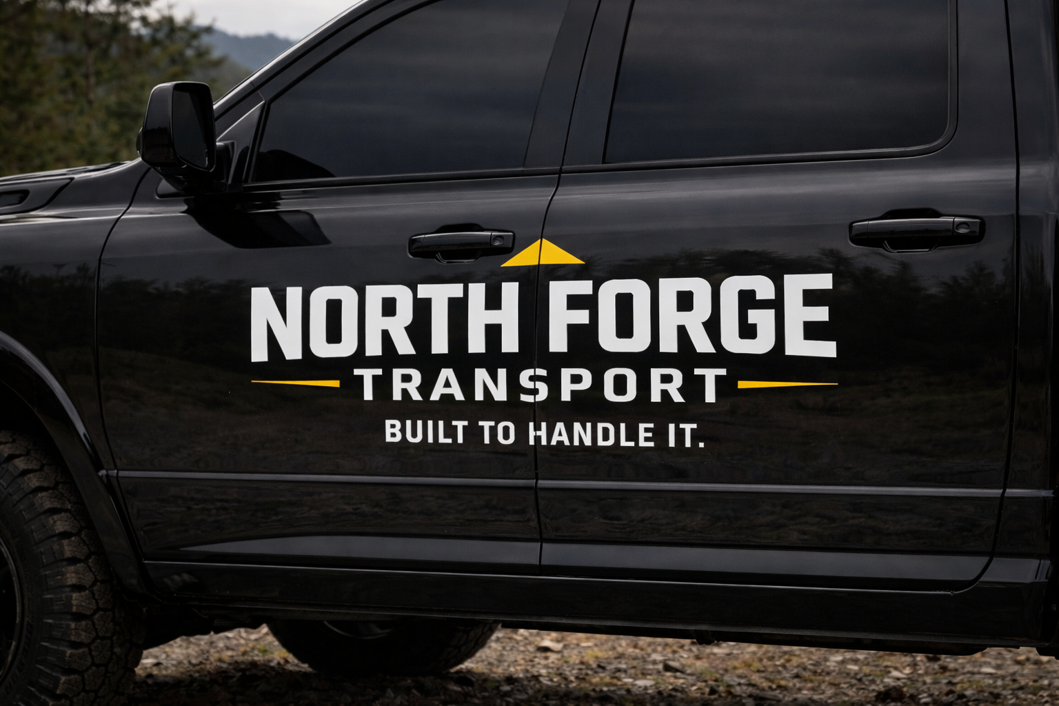 Black vehicle with North Forge Transport logo, featuring white text, yellow accents, and the slogan 'Built to handle it.'