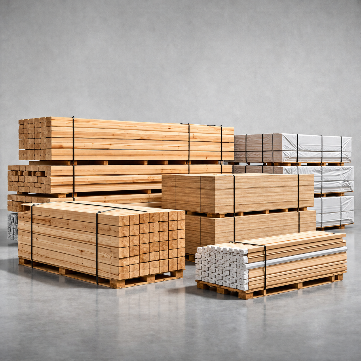 Stacks of wooden planks and timber bundled on pallets in a warehouse.