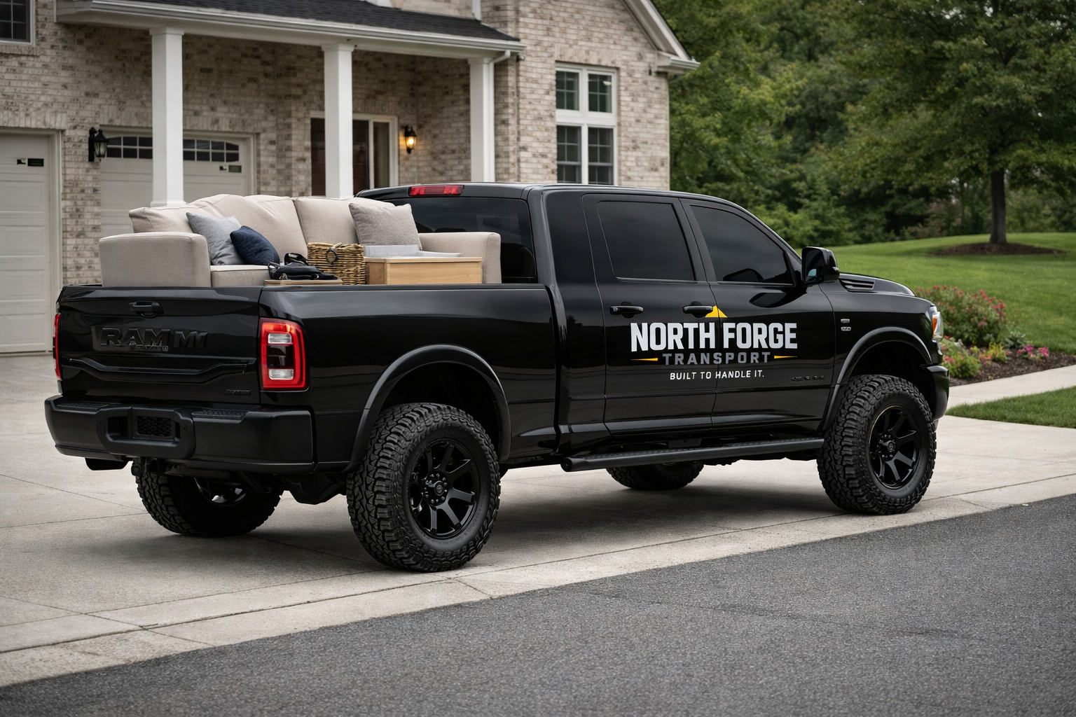 Black pickup truck with the logo 'North Forge Transport' on the side, parked in driveway of a house. The truck bed is carrying a beige sofa with cushions, a wicker basket, and a wooden tray.