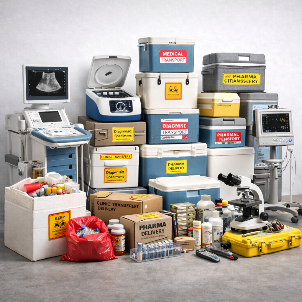Medical equipment and supplies, including storage boxes labeled for diagnostics, pharmacy, and transport, ultrasound machine, microscope, medications, and medical tools.