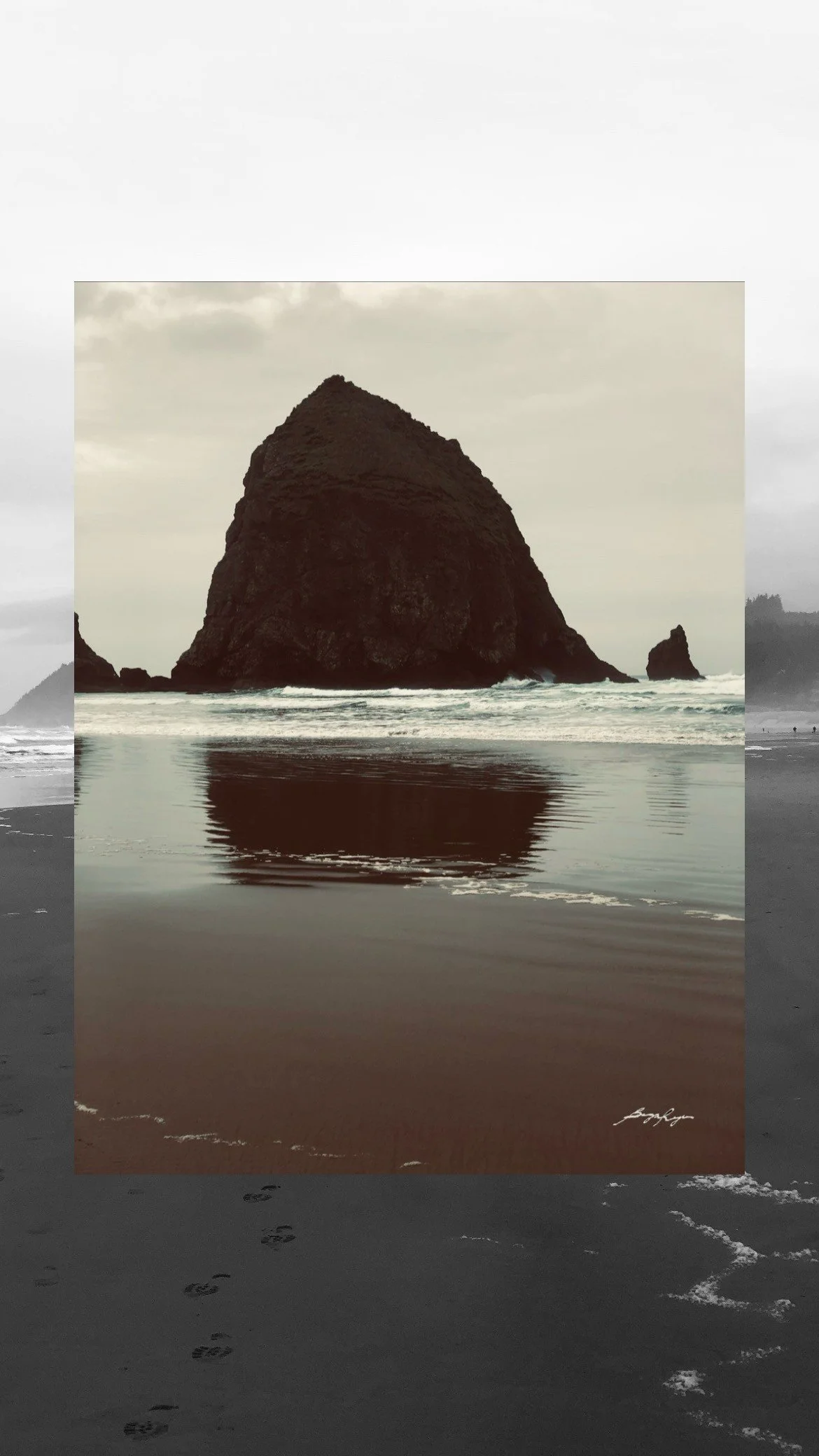 Photo overlay. Top image of Morro Rock reflecting on wet sandy shore as the tide rolls out under a cloudy sky. Bottom image trims top image with wet shores on the bottom, a distant tree-range on the right, and a cloudy sky surrounding everything else