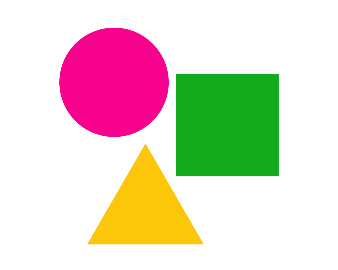 Yellow triangle, pink circle, and green square arranged against a black background.