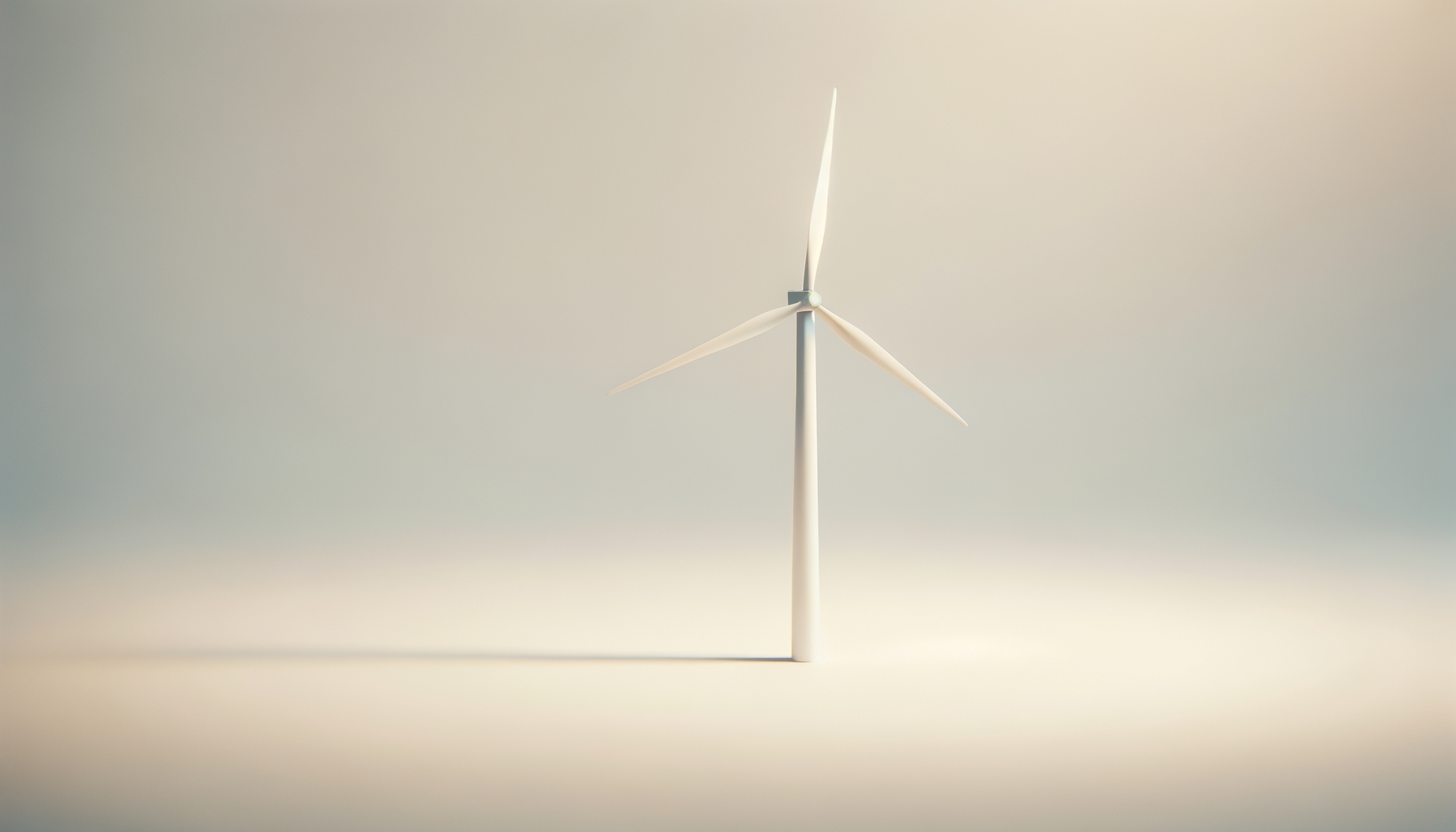 A white wind turbine with three blades stands against a plain, softly lit background.