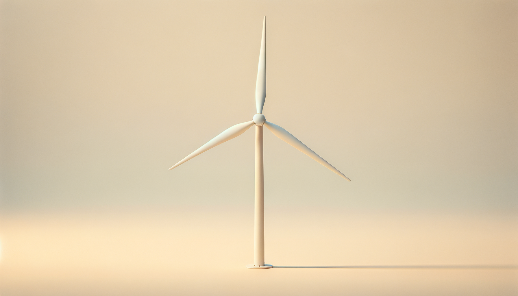 A white wind turbine standing on a flat surface casting a shadow to the right.