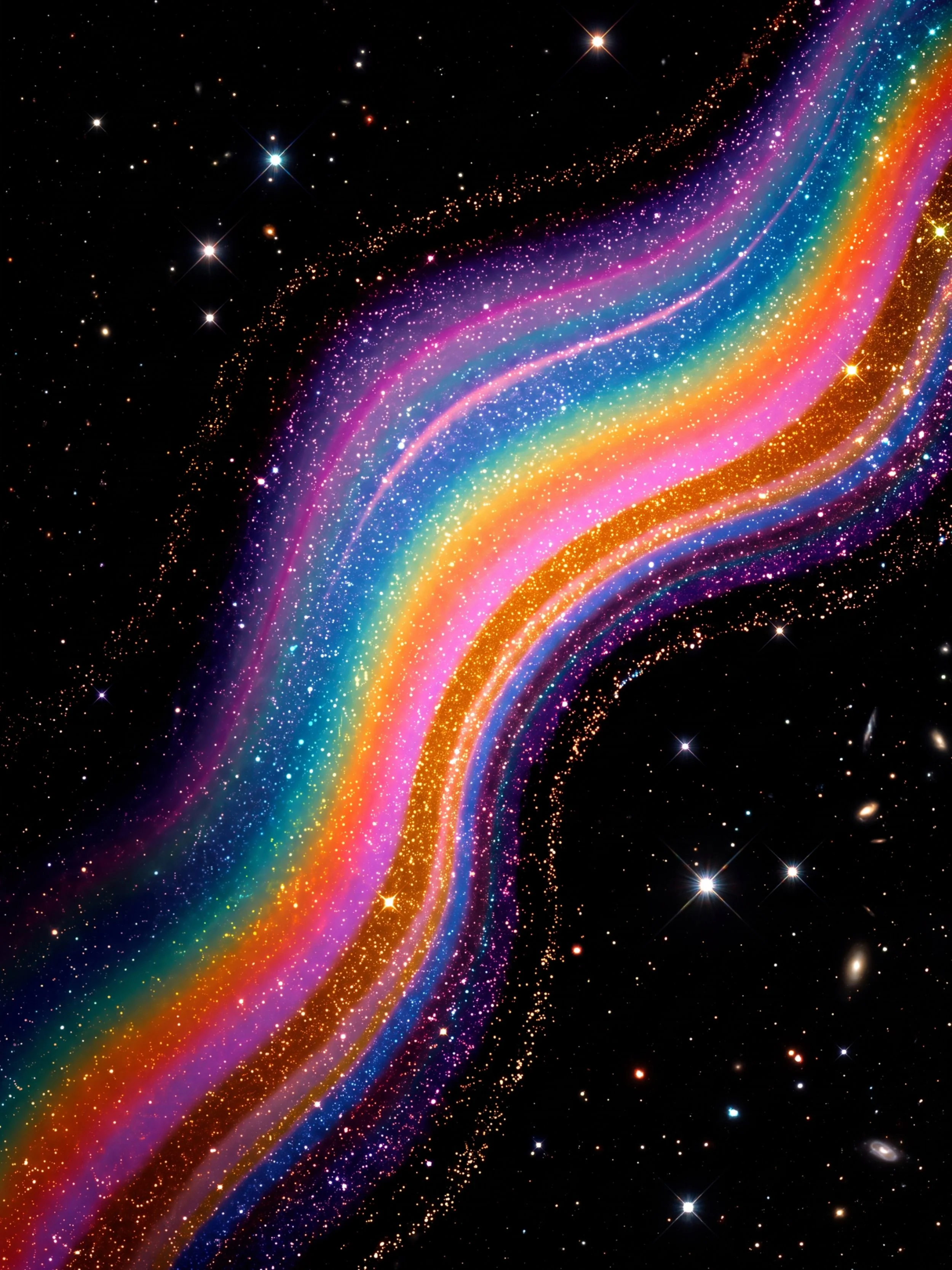 A vibrant space scene featuring a rainbow-colored nebula with glowing dust and stars scattered across the dark background.