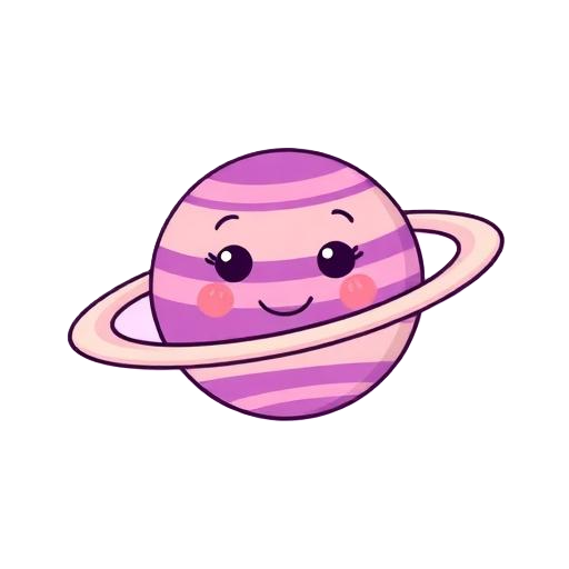 Cute cartoon planet with purple and pink stripes, smiling face, and a ring around it.