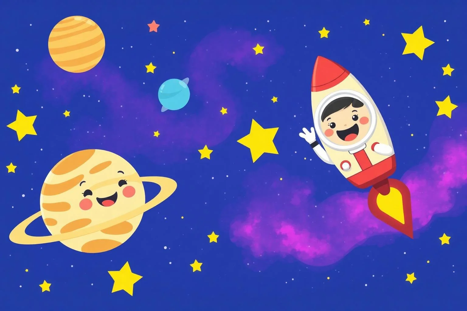 Cartoon illustration of a spaceship with a smiling child in space, surrounded by planets and stars, with a space theme.