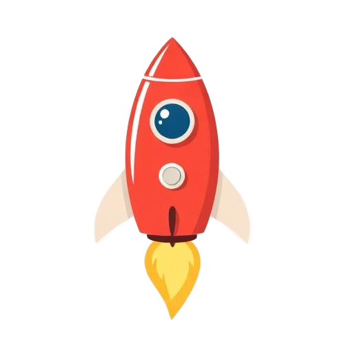 Cartoon red and white rocket with a large eye, launching with flames and smoke from the bottom.