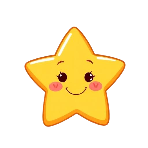 Cartoon smiling yellow star with cheeks and eyes.