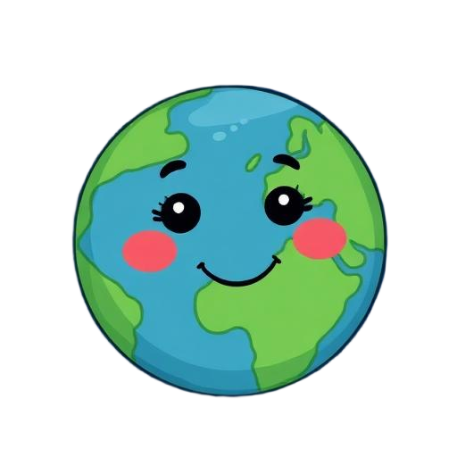 Cartoon depiction of the Earth with a smiling face, rosy cheeks, and large eyes.